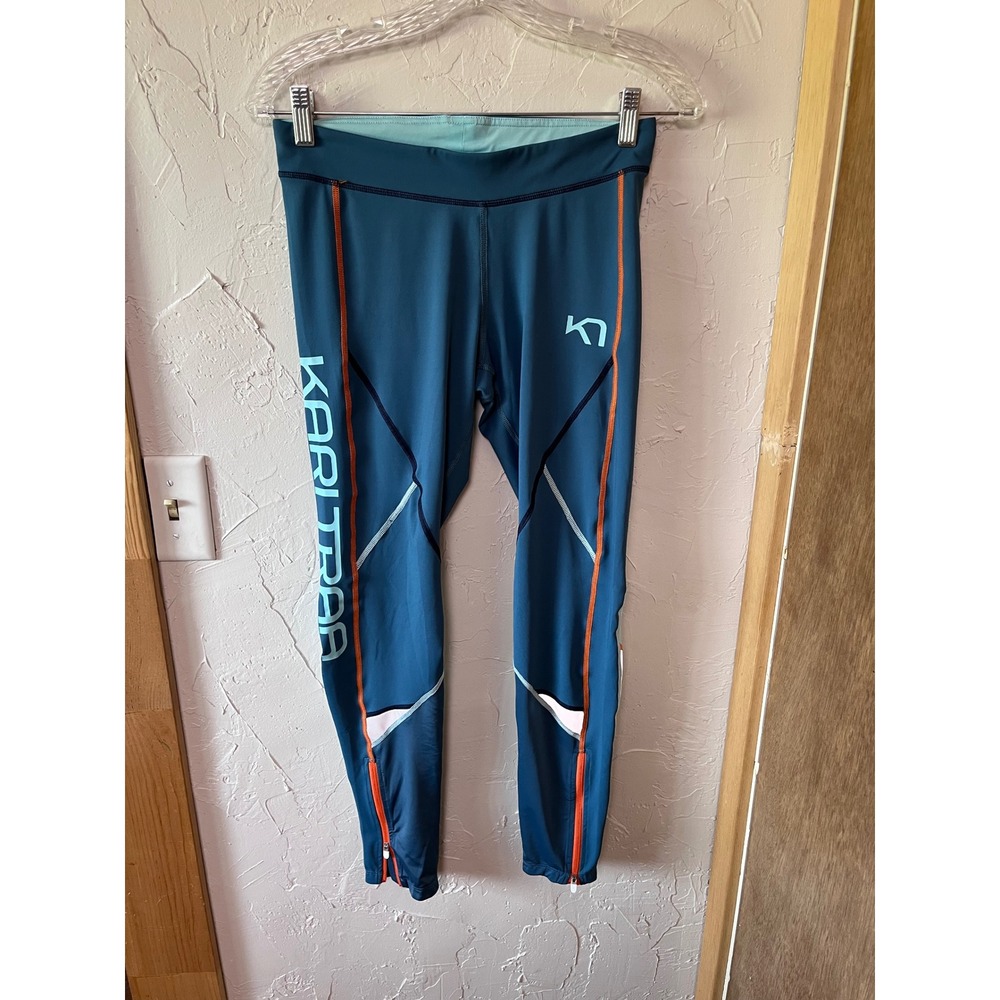Kari Traa Louise Running Tights Teal Blue Orange Athletic Leggings Womens Medium